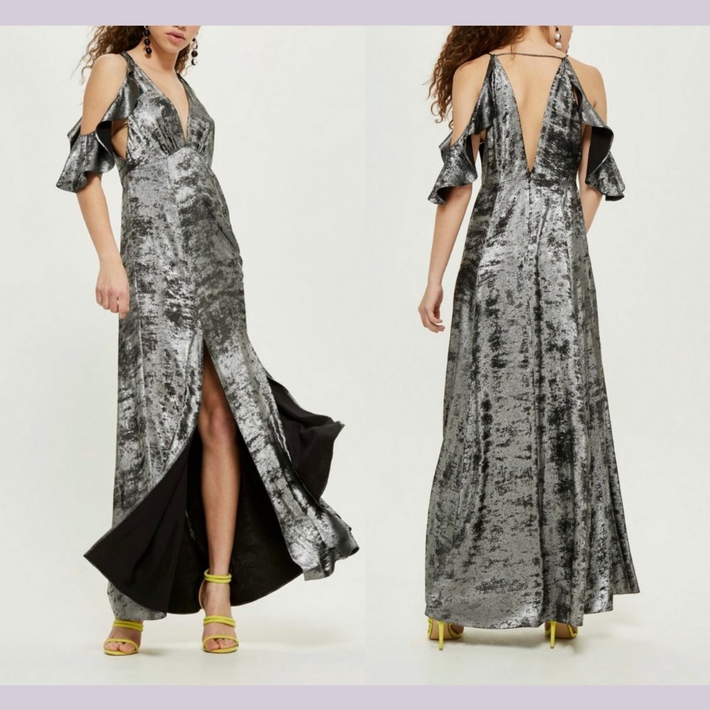 NEW TOPSHOP [ 2 US ] Metallic Foil Cold‎ Shoulder Maxi Dress Gown in Silver